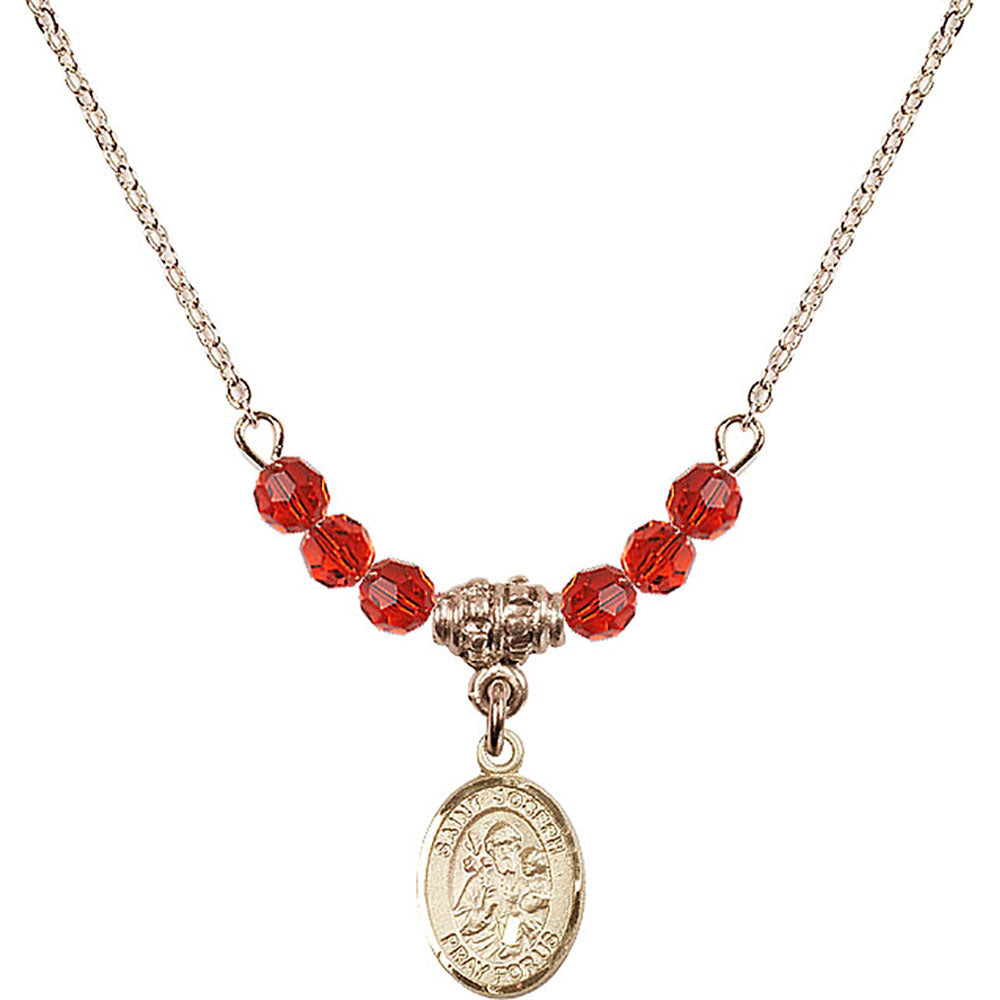 14kt Gold Filled Saint Joseph Birthstone Necklace with Ruby Beads - 9058
