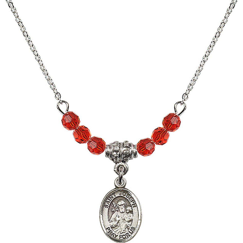 Sterling Silver Saint Joseph Birthstone Necklace with Ruby Beads - 9058