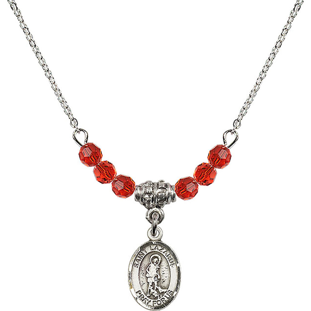 Sterling Silver Saint Lazarus Birthstone Necklace with Ruby Beads - 9066