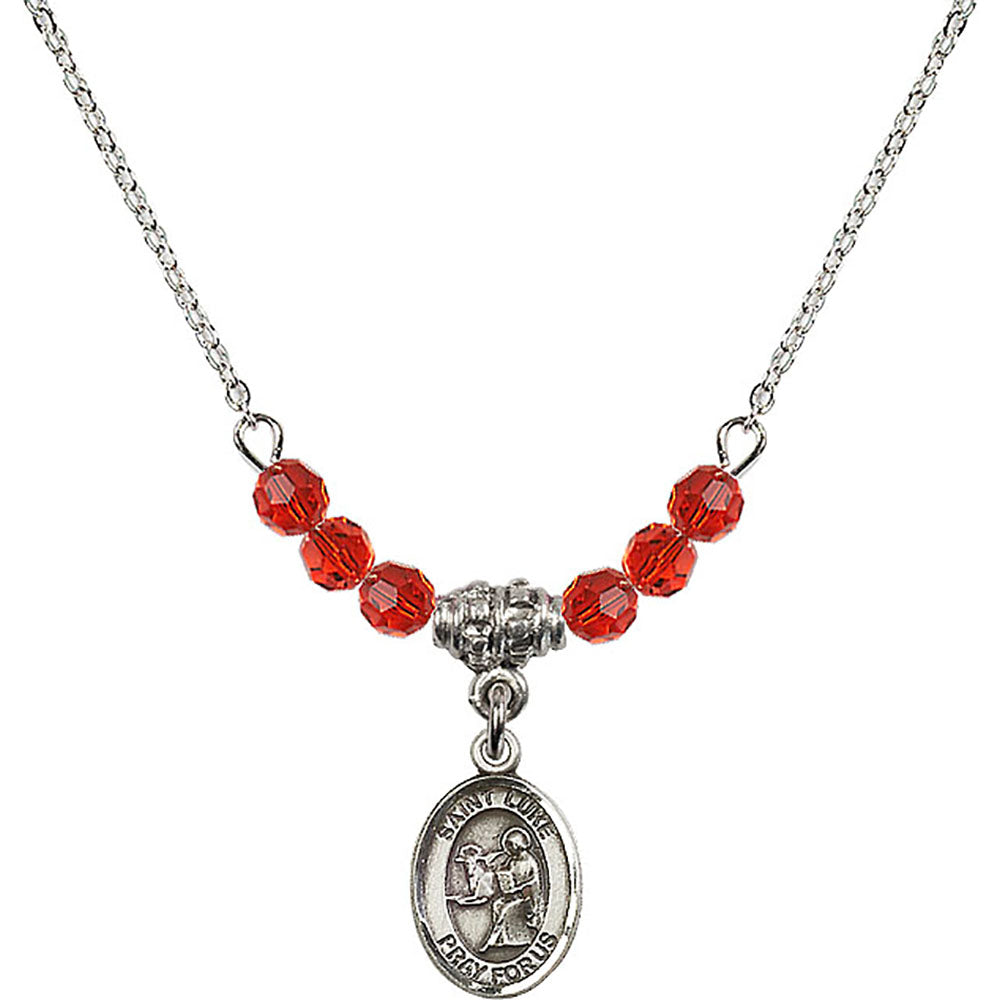 Sterling Silver Saint Luke the Apostle Birthstone Necklace with Ruby Beads - 9068