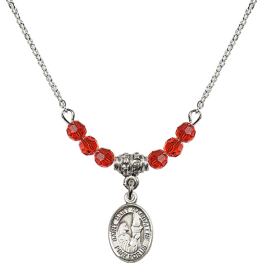 Sterling Silver Saint Mary Magdalene Birthstone Necklace with Ruby Beads - 9071