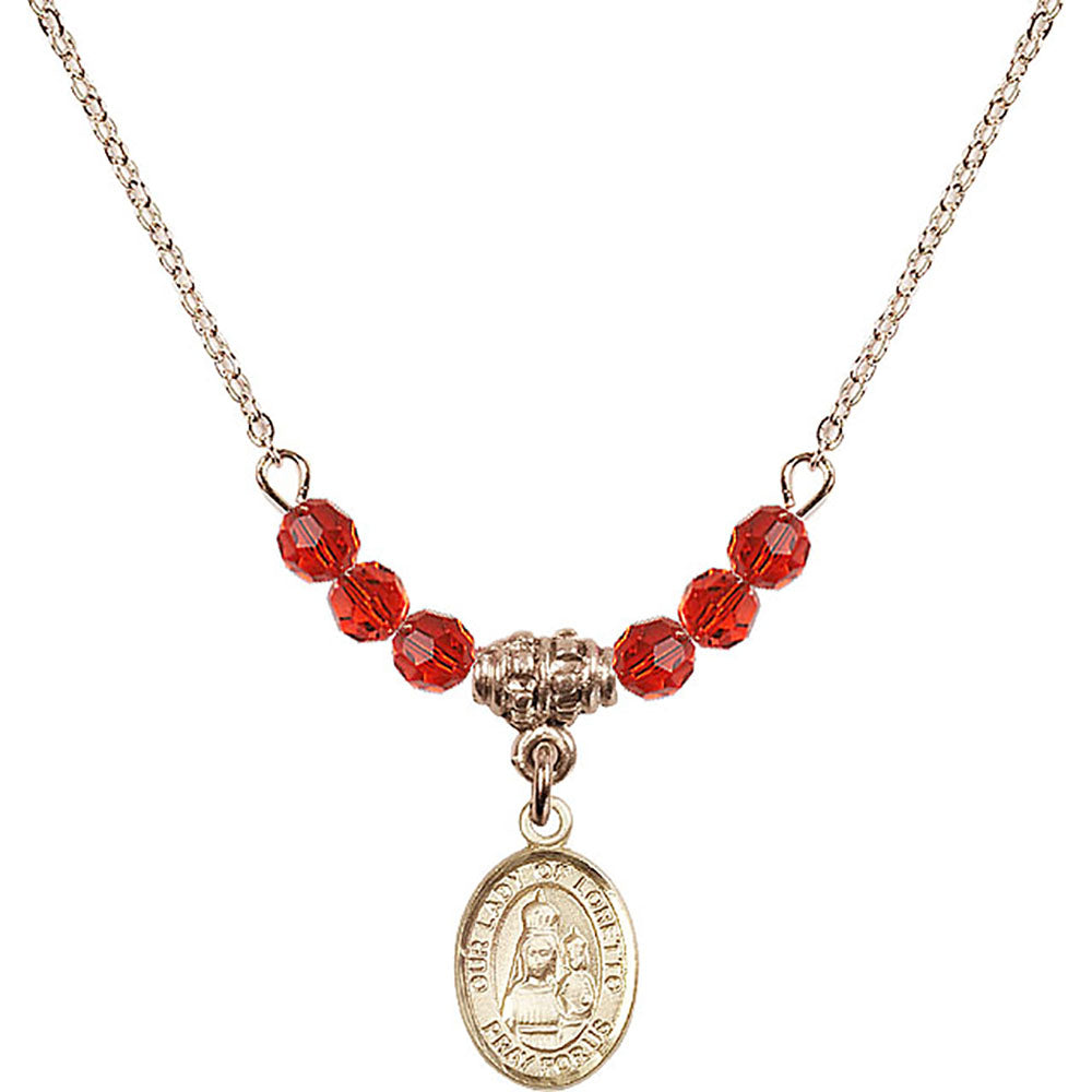 14kt Gold Filled Our Lady of Loretto Birthstone Necklace with Ruby Beads - 9082