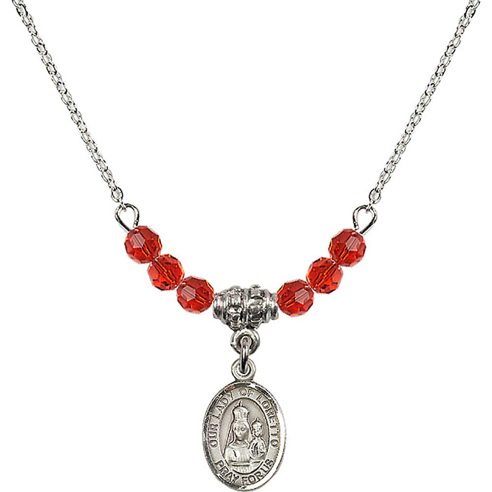Sterling Silver Our Lady of Loretto Birthstone Necklace with Ruby Beads - 9082