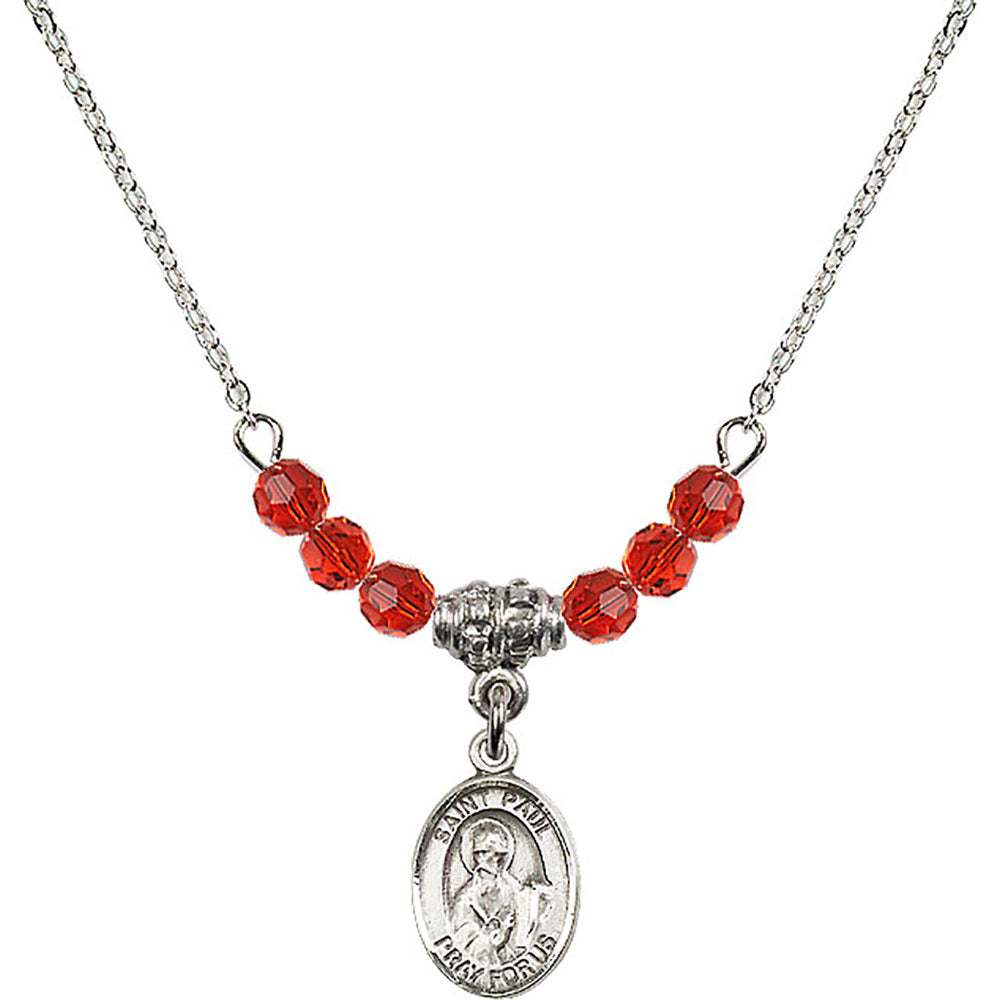 Sterling Silver Saint Paul the Apostle Birthstone Necklace with Ruby Beads - 9086