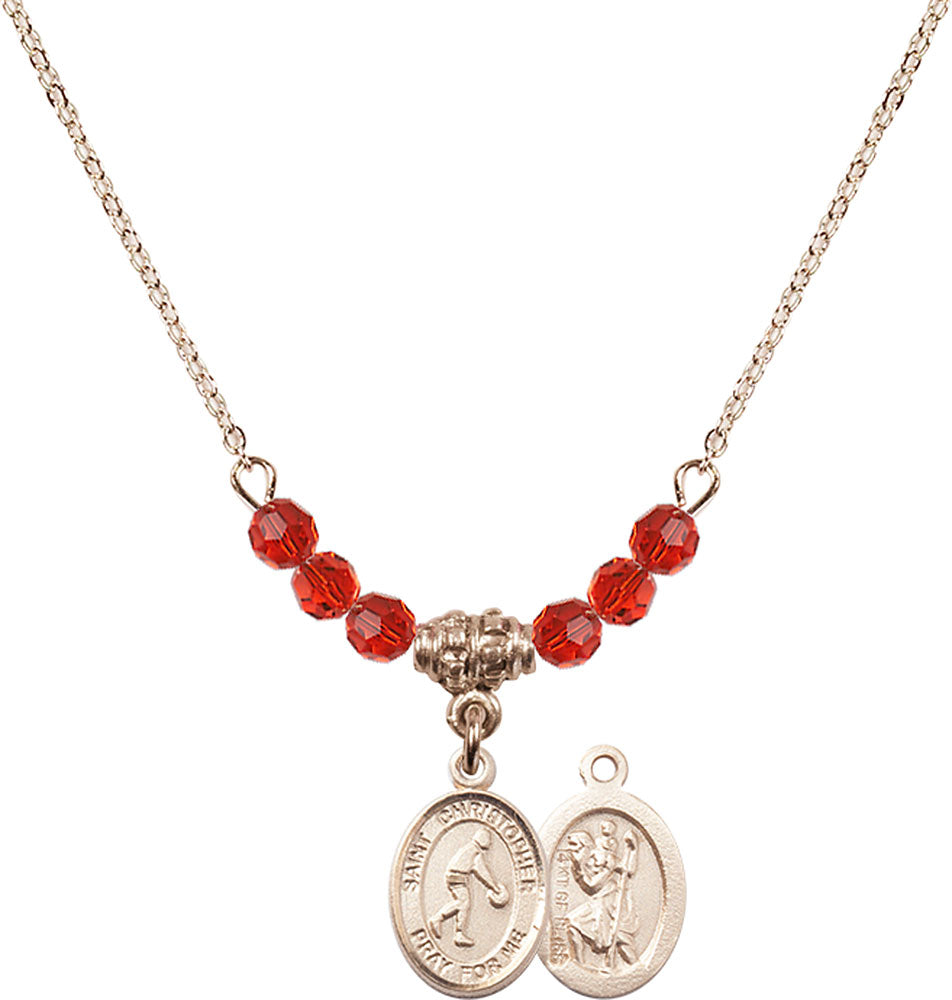 14kt Gold Filled Saint Christopher/Basketball Birthstone Necklace with Ruby Beads - 9153