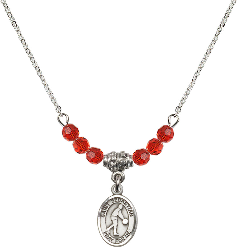 Sterling Silver Saint Sebastian/Basketball Birthstone Necklace with Ruby Beads - 9163