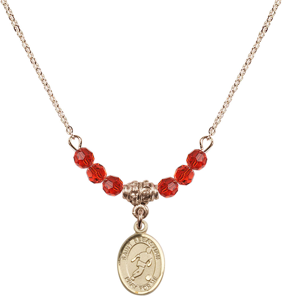 14kt Gold Filled Saint Sebastian/Soccer Birthstone Necklace with Ruby Beads - 9164