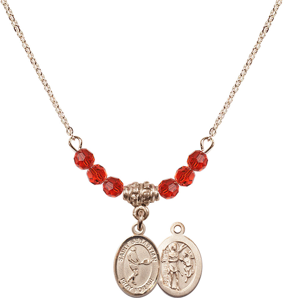 14kt Gold Filled Saint Sebastian/Tennis Birthstone Necklace with Ruby Beads - 9166