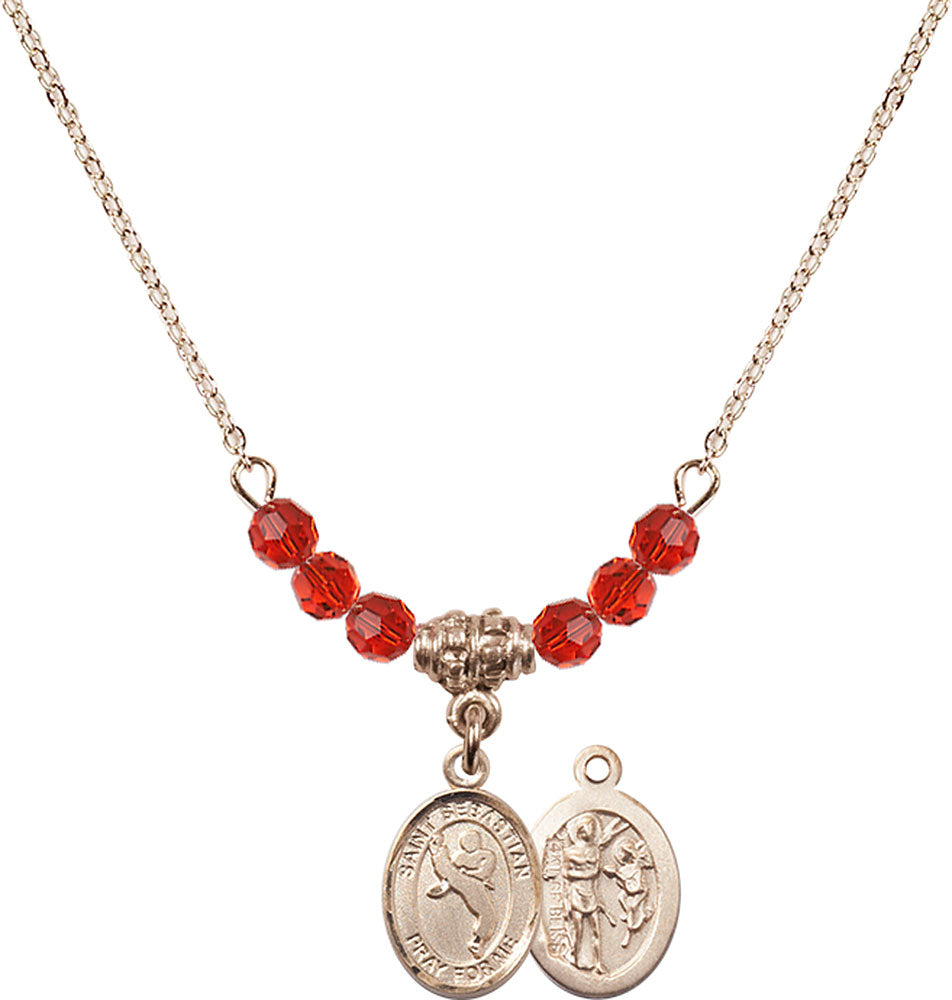 14kt Gold Filled Saint Sebastian/Martial Arts Birthstone Necklace with Ruby Beads - 9168