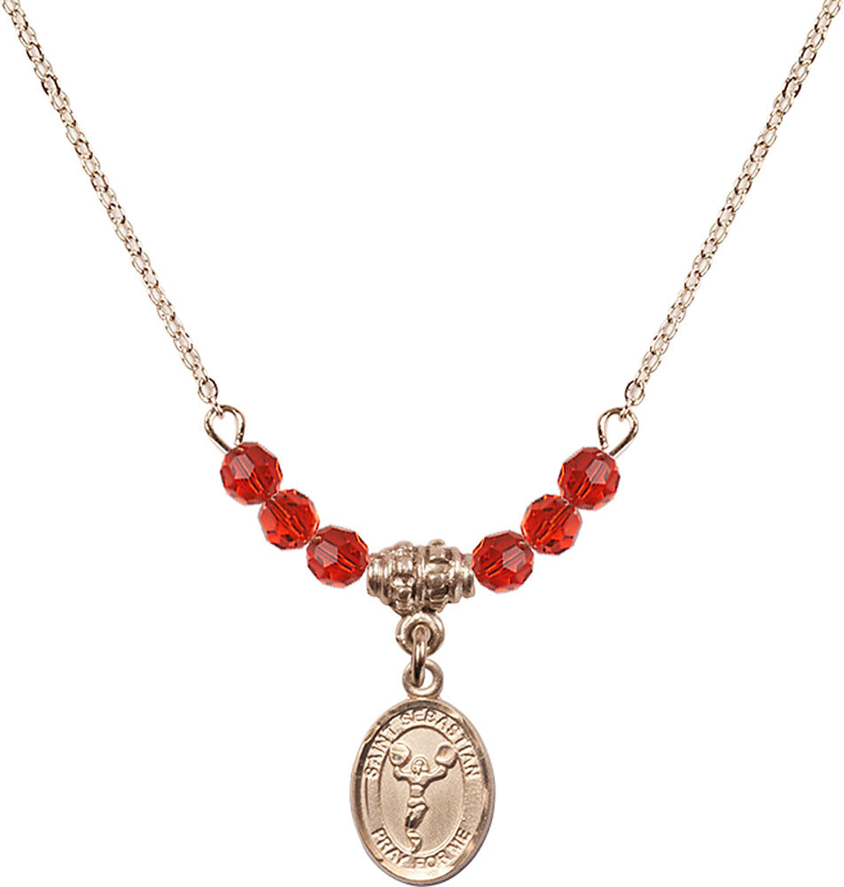 14kt Gold Filled Saint Sebastian/Cheerleading Birthstone Necklace with Ruby Beads - 9170
