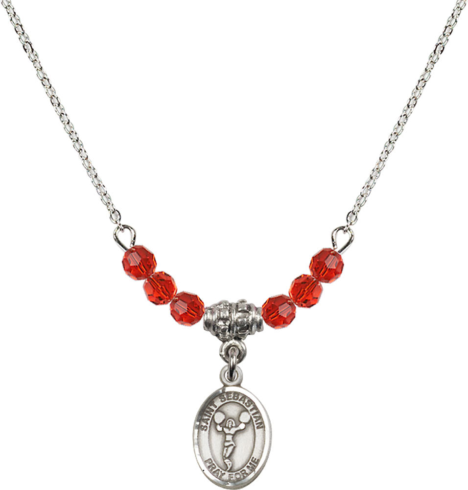 Sterling Silver Saint Sebastian/Cheerleading Birthstone Necklace with Ruby Beads - 9170