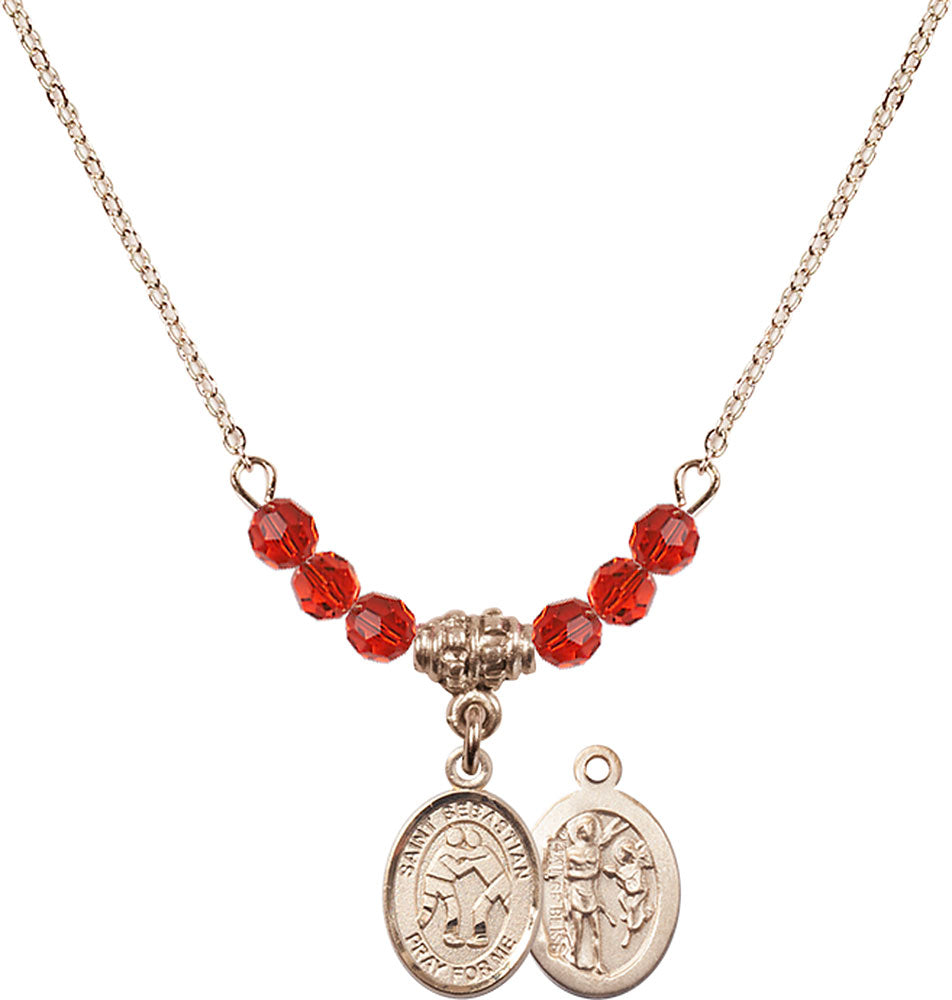 14kt Gold Filled Saint Sebastian/Wrestling Birthstone Necklace with Ruby Beads - 9171