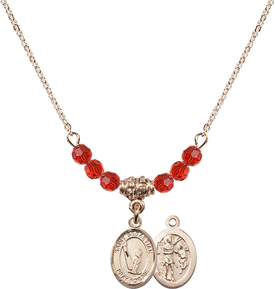 14kt Gold Filled Saint Sebastian/Gymnastics Birthstone Necklace with Ruby Beads - 9172
