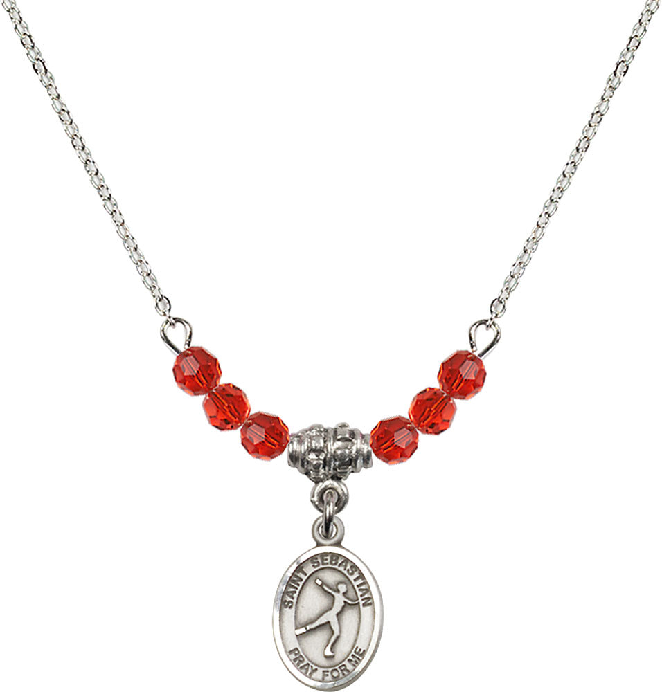 Sterling Silver Saint Sebastian/Figure Skating Birthstone Necklace with Ruby Beads - 9177