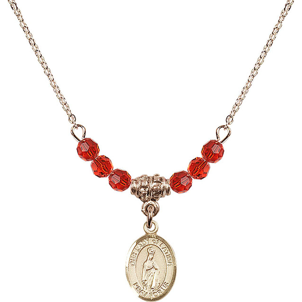 14kt Gold Filled Our Lady of Fatima Birthstone Necklace with Ruby Beads - 9205