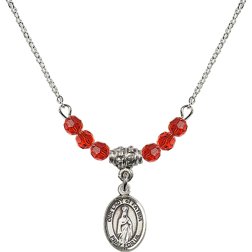 Sterling Silver Our Lady of Fatima Birthstone Necklace with Ruby Beads - 9205