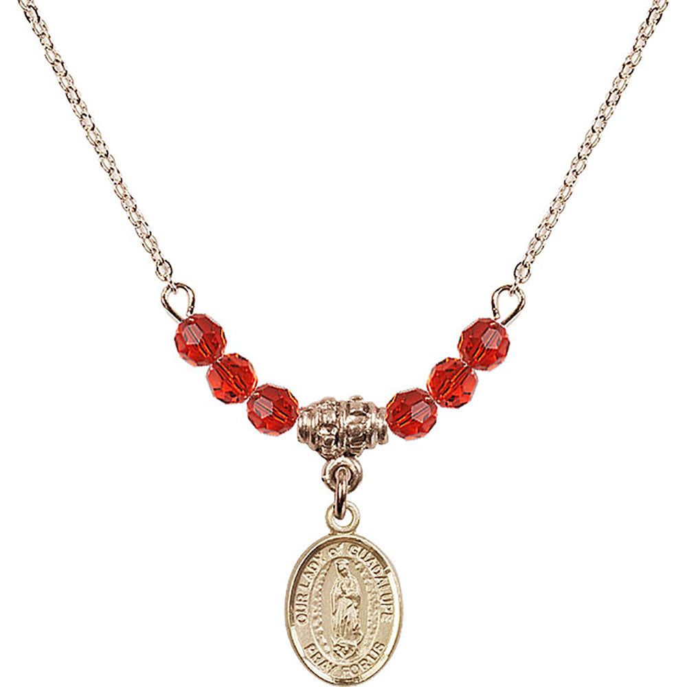 14kt Gold Filled Our Lady of Guadalupe Birthstone Necklace with Ruby Beads - 9206