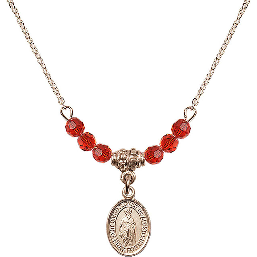 14kt Gold Filled Saint Bartholomew the Apostle Birthstone Necklace with Ruby Beads - 9238