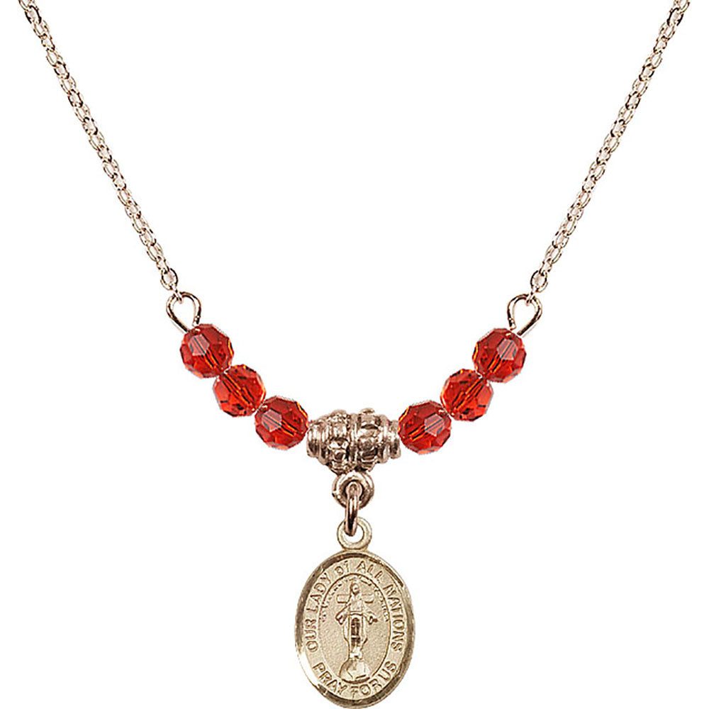 14kt Gold Filled Our Lady of All Nations Birthstone Necklace with Ruby Beads - 9242
