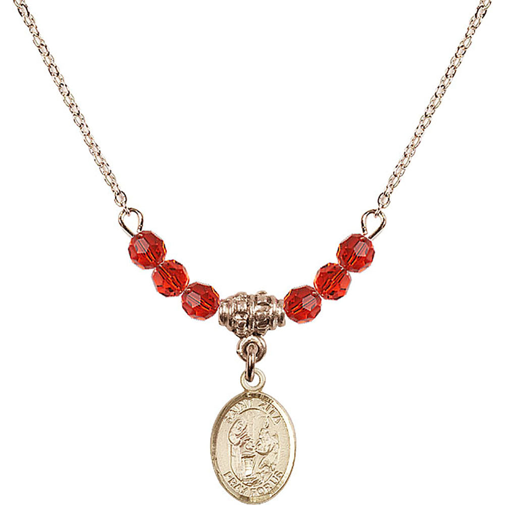 14kt Gold Filled Saint Zita Birthstone Necklace with Ruby Beads - 9244