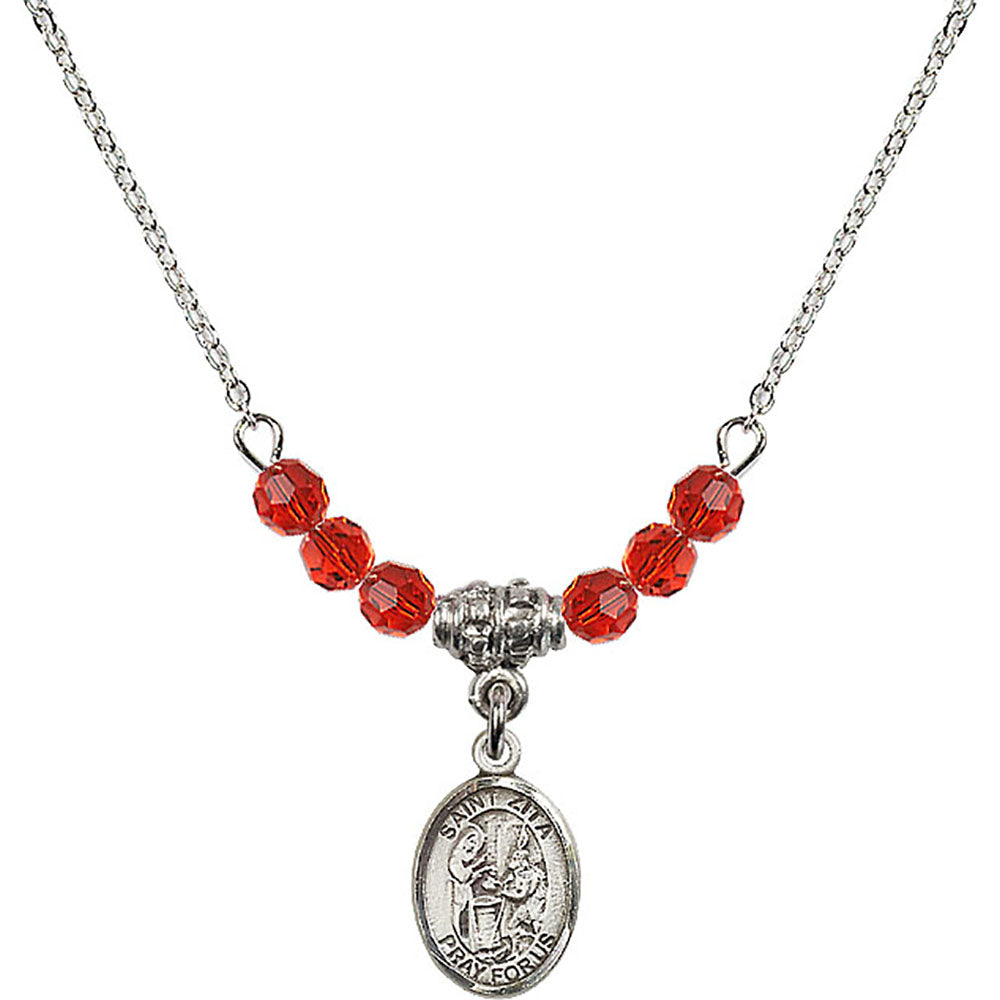 Sterling Silver Saint Zita Birthstone Necklace with Ruby Beads - 9244