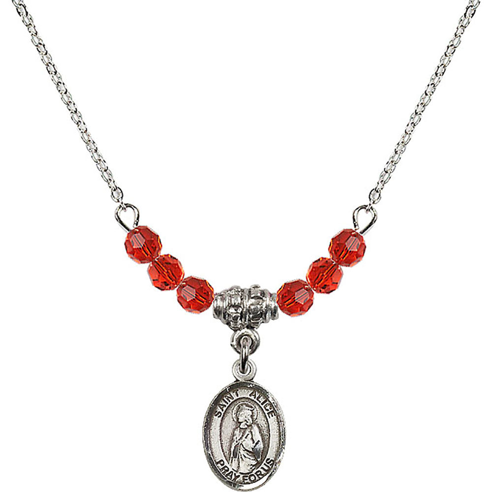 Sterling Silver Saint Alice Birthstone Necklace with Ruby Beads - 9248