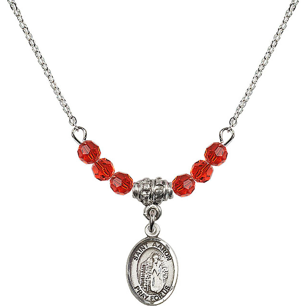 Sterling Silver Saint Aaron Birthstone Necklace with Ruby Beads - 9254
