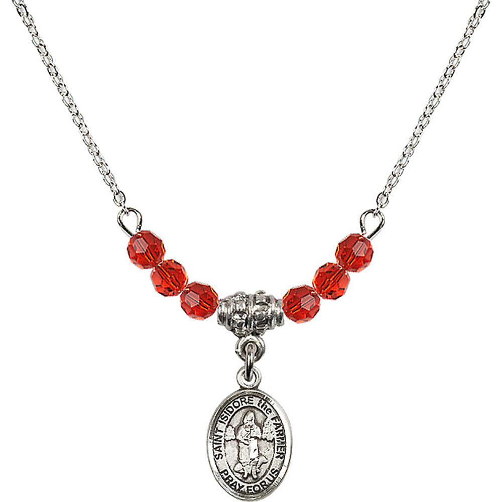 Sterling Silver Saint Isidore the Farmer Birthstone Necklace with Ruby Beads - 9276