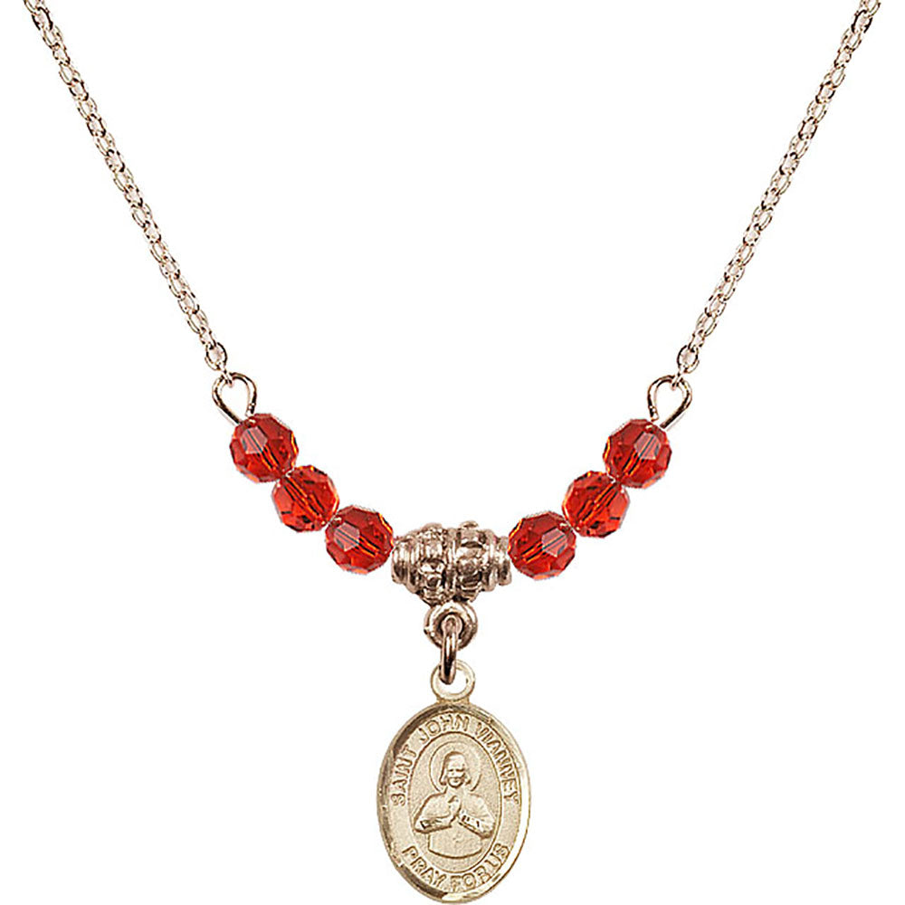 14kt Gold Filled Saint John Vianney Birthstone Necklace with Ruby Beads - 9282