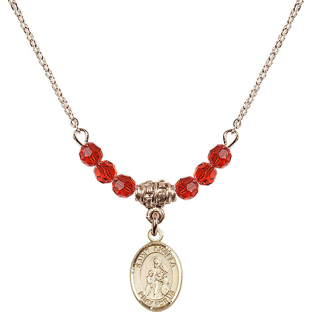 14kt Gold Filled Saint Angela Merici Birthstone Necklace with Ruby Beads - 9284