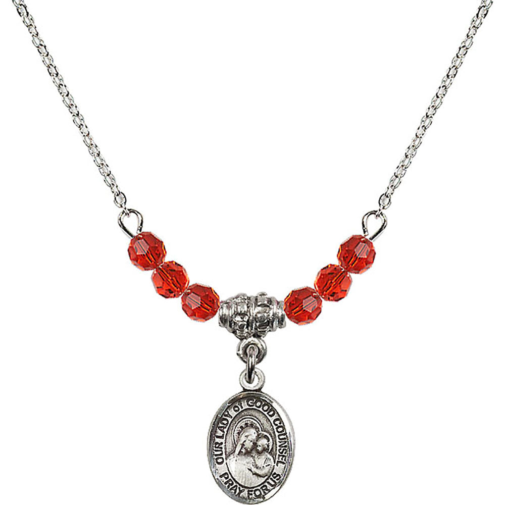 Sterling Silver Our Lady of Good Counsel Birthstone Necklace with Ruby Beads - 9287