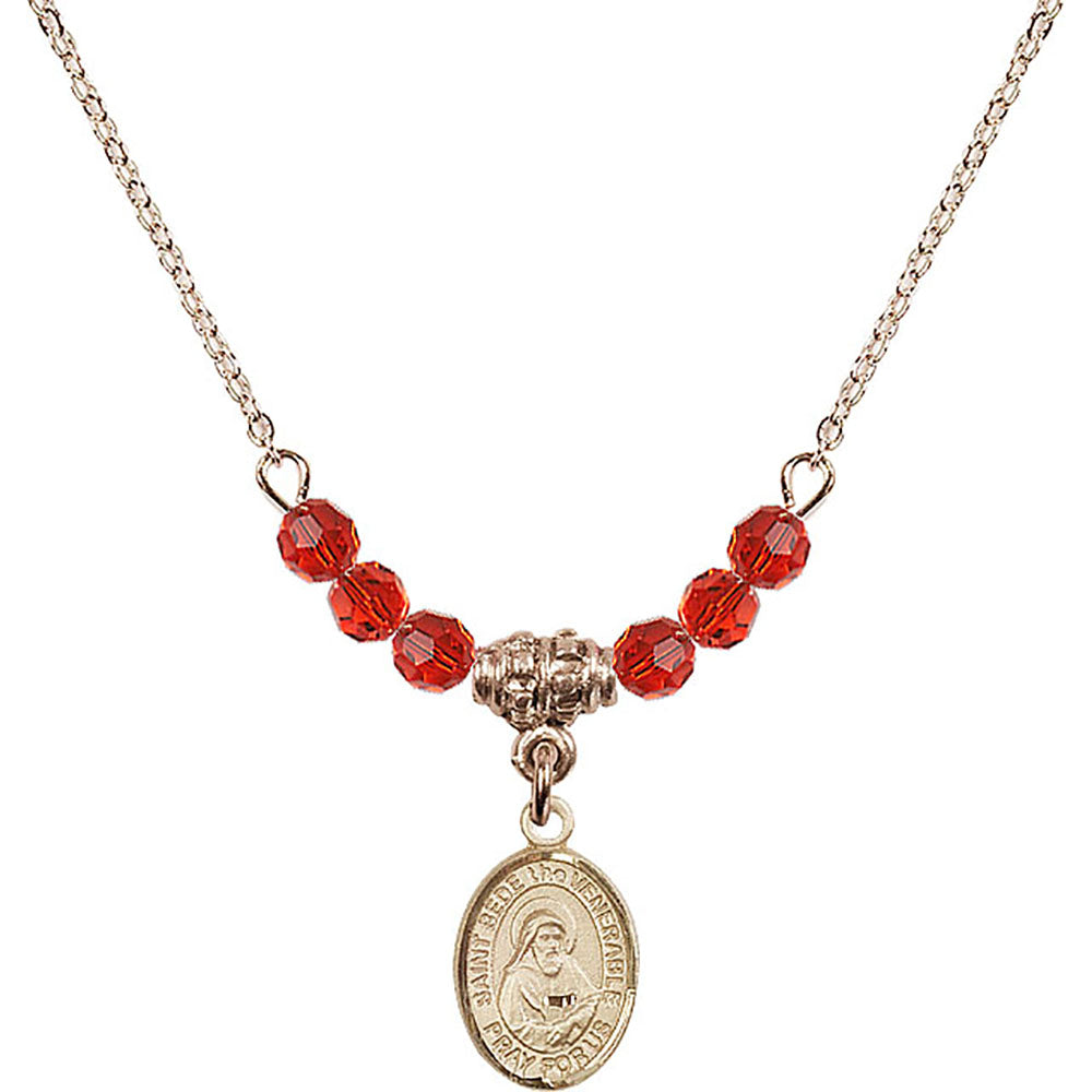 14kt Gold Filled Saint Bede the Venerable Birthstone Necklace with Ruby Beads - 9302