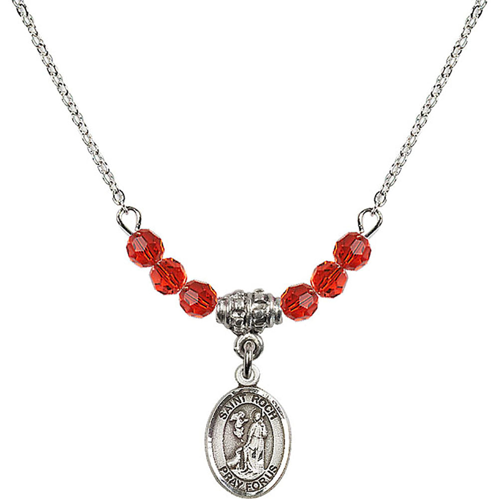 Sterling Silver Saint Roch Birthstone Necklace with Ruby Beads - 9310