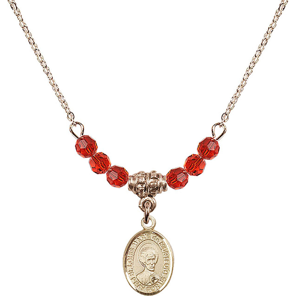 14kt Gold Filled Saint Louis Marie de Montfort Birthstone Necklace with Ruby Beads - 9330