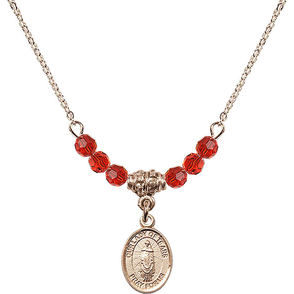 14kt Gold Filled Our Lady of Tears Birthstone Necklace with Ruby Beads - 9346