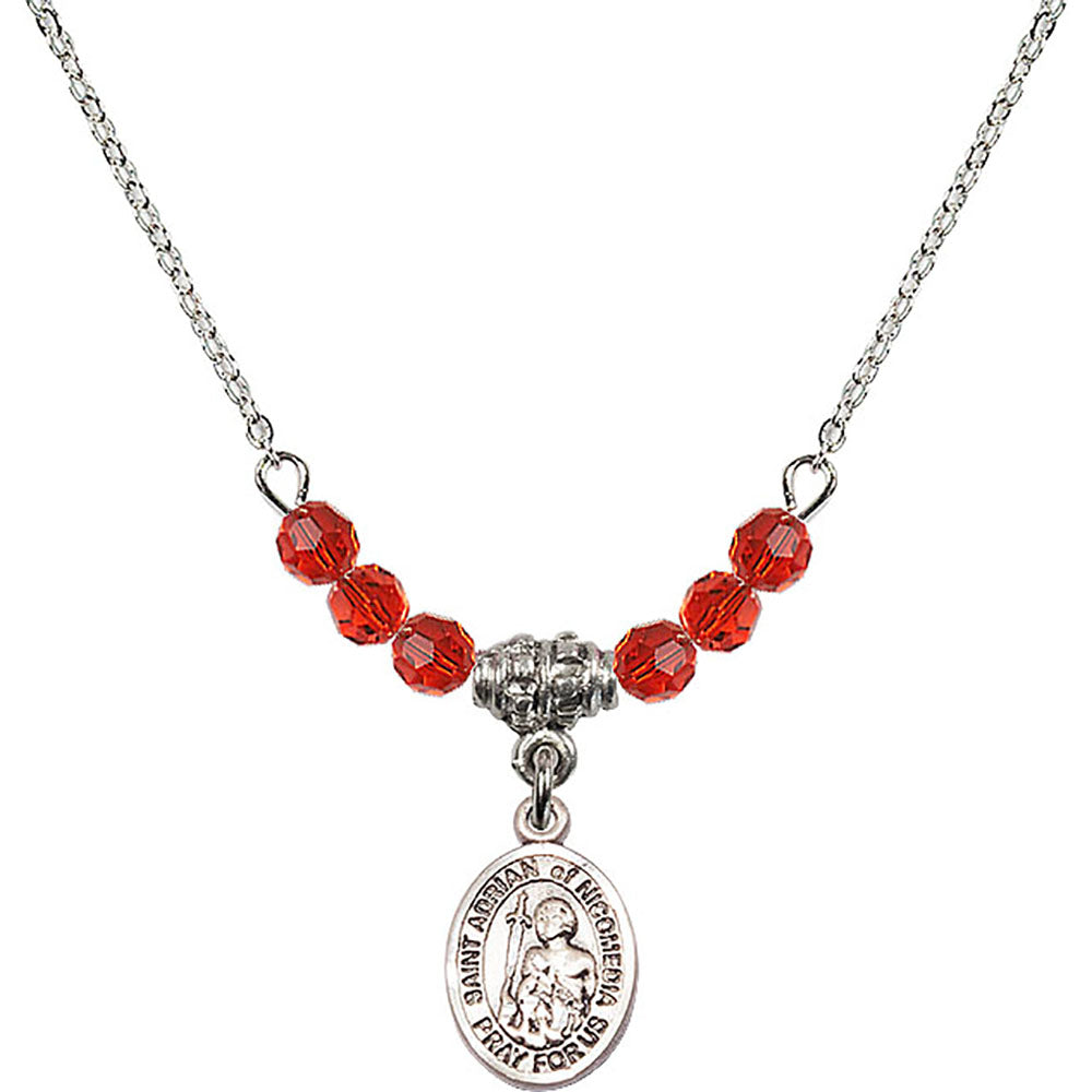 Sterling Silver Saint Adrian of Nicomedia Birthstone Necklace with Ruby Beads - 9353