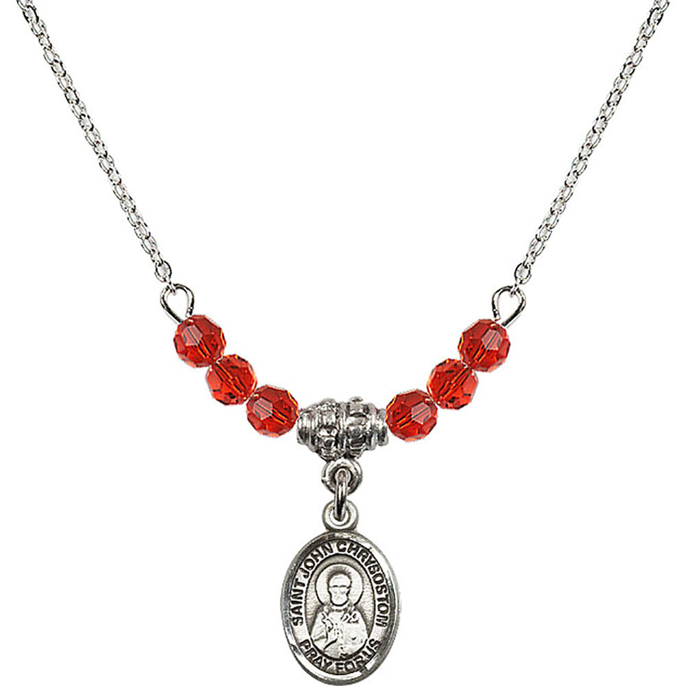 Sterling Silver Saint John Chrysostom Birthstone Necklace with Ruby Beads - 9357