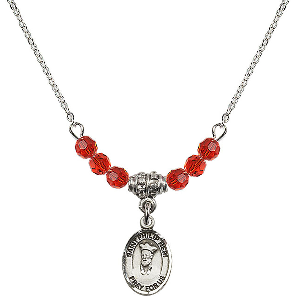 Sterling Silver Saint Philip Neri Birthstone Necklace with Ruby Beads - 9369