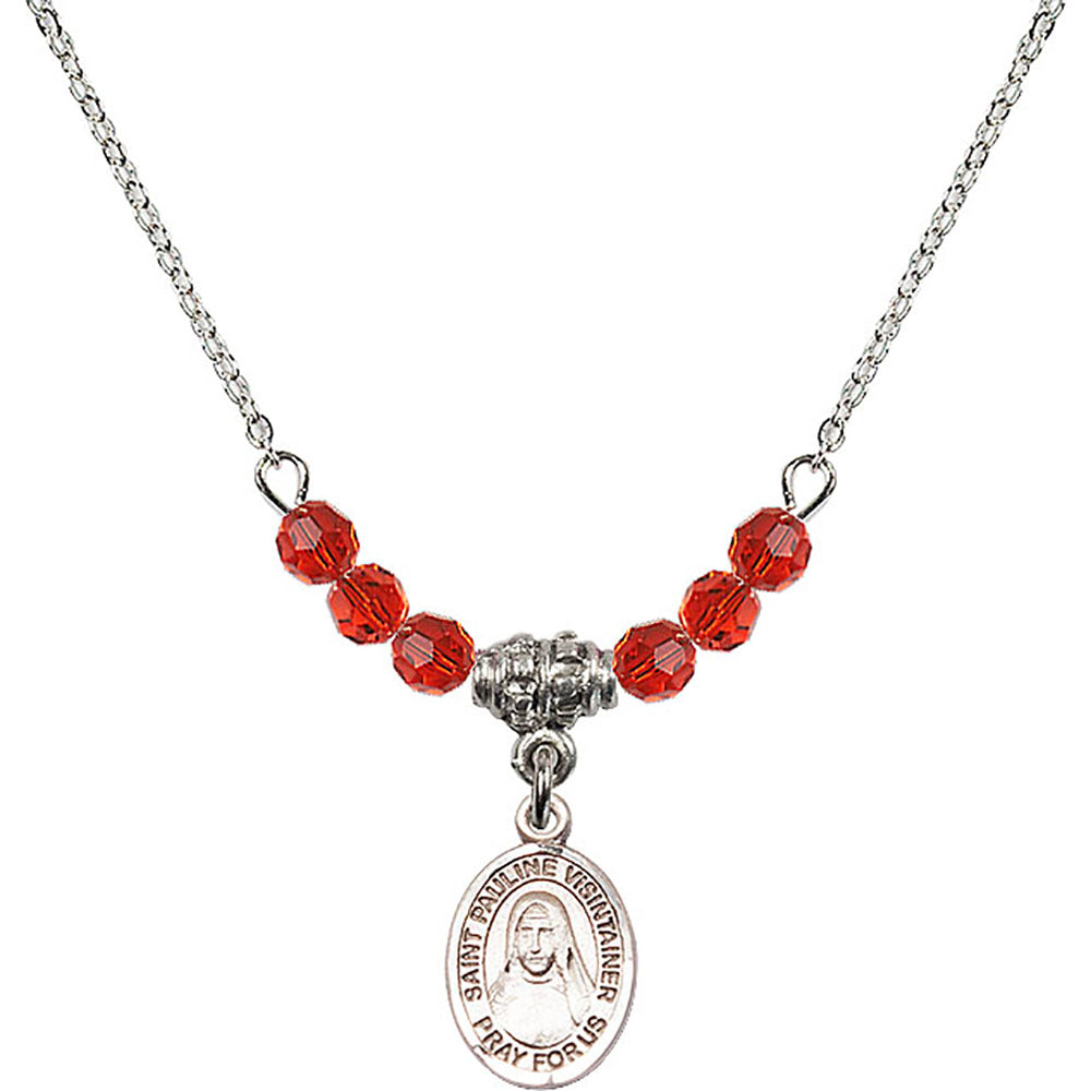 Sterling Silver Saint Pauline Visintainer Birthstone Necklace with Ruby Beads - 9391