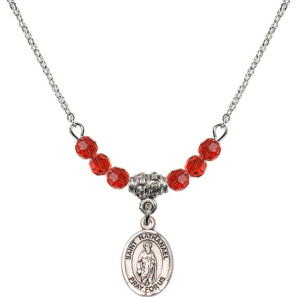 Sterling Silver Saint Nathanael Birthstone Necklace with Ruby Beads - 9398