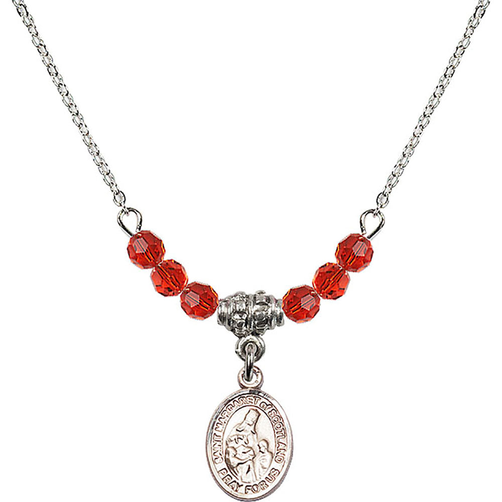 Sterling Silver Saint Margaret of Scotland Birthstone Necklace with Ruby Beads - 9407