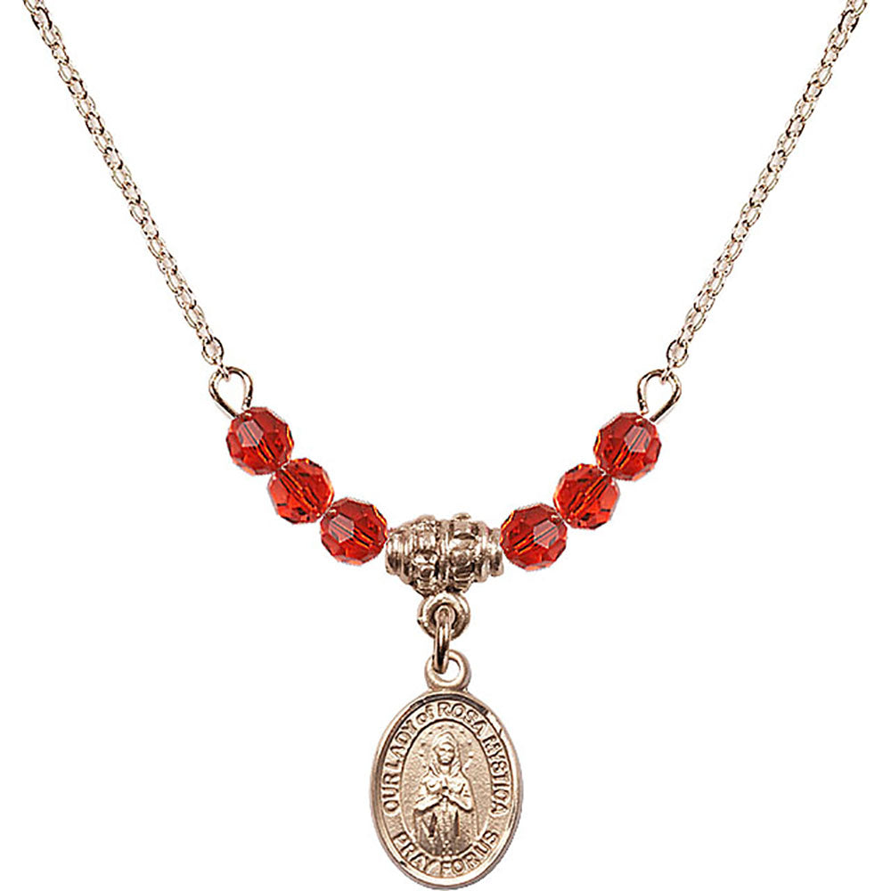 14kt Gold Filled Our Lady of Rosa Mystica Birthstone Necklace with Ruby Beads - 9413