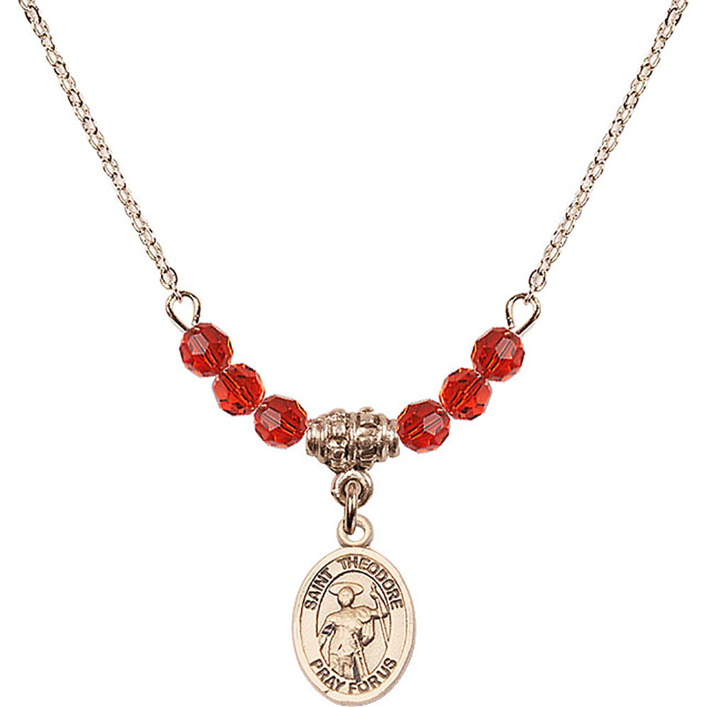 14kt Gold Filled Saint Theodore Stratelates Birthstone Necklace with Ruby Beads - 9415