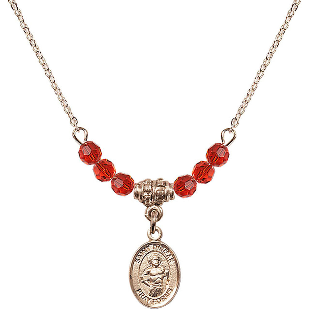 14kt Gold Filled Saint Dismas Birthstone Necklace with Ruby Beads - 9418