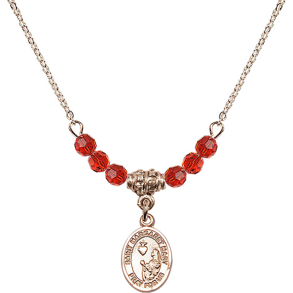 14kt Gold Filled Saint Margaret Mary Alacoque Birthstone Necklace with Ruby Beads - 9420