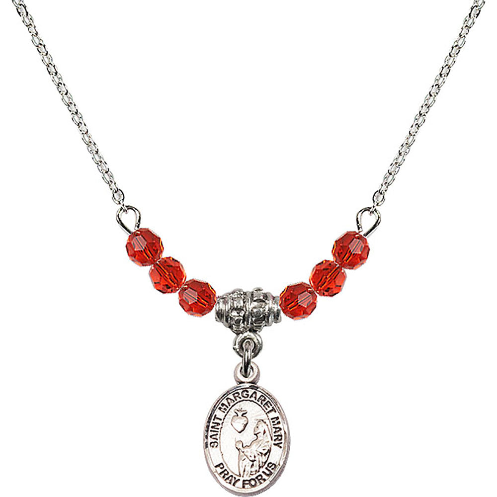 Sterling Silver Saint Margaret Mary Alacoque Birthstone Necklace with Ruby Beads - 9420