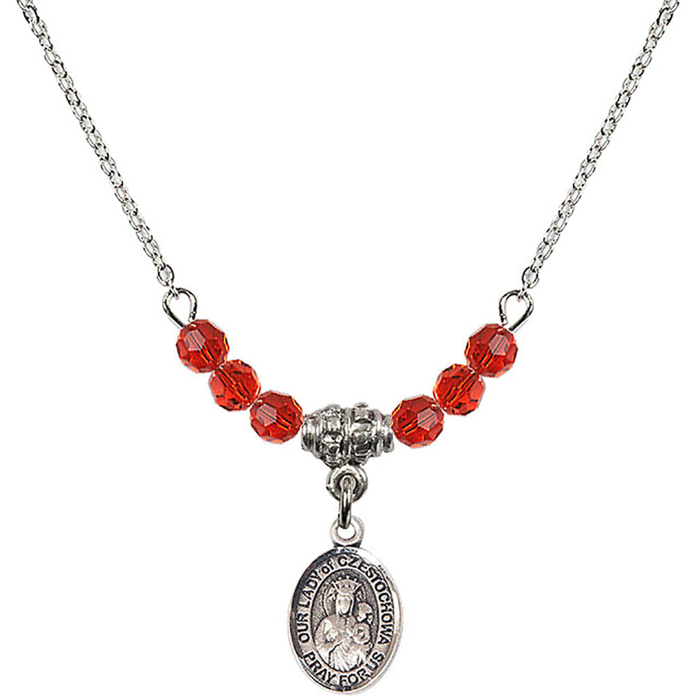 Sterling Silver Our Lady of Czestochowa Birthstone Necklace with Ruby Beads - 9421