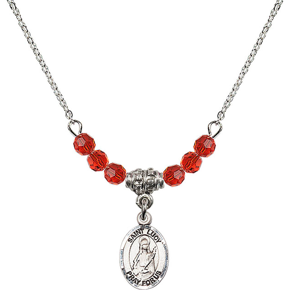 Sterling Silver Saint Lucy Birthstone Necklace with Ruby Beads - 9422