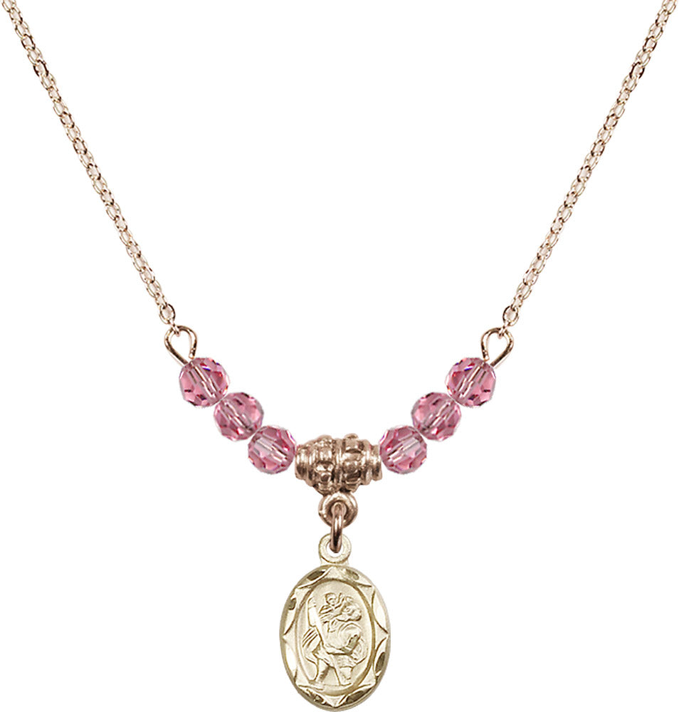 14kt Gold Filled Saint Christopher Birthstone Necklace with Rose Beads - 0301