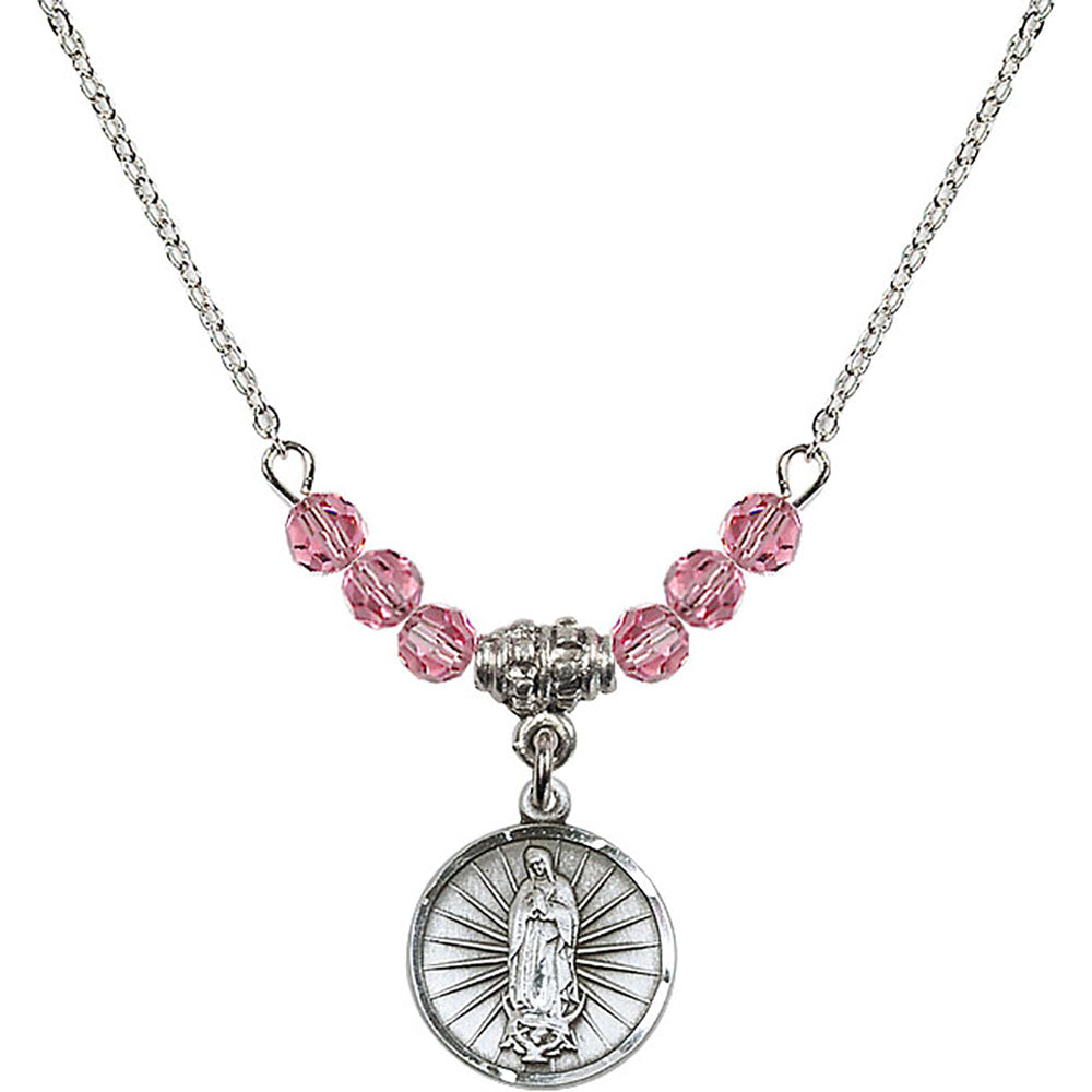 Sterling Silver Our Lady of Guadalupe Birthstone Necklace with Rose Beads - 0601